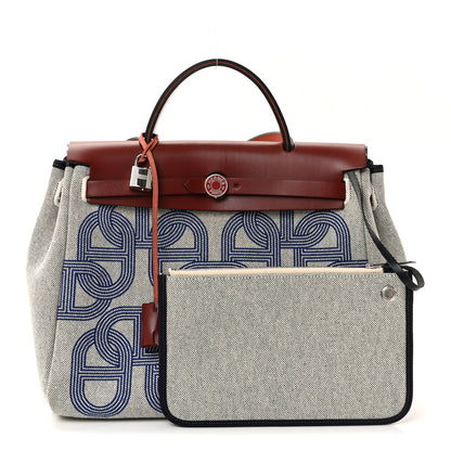 Hermes H Plume Canvas Vache Hunter Horseshoe Laque Circuit 24 Herbag Zip Retourne 31 Bleu Indigo Ecru Rouge H 3 of 10