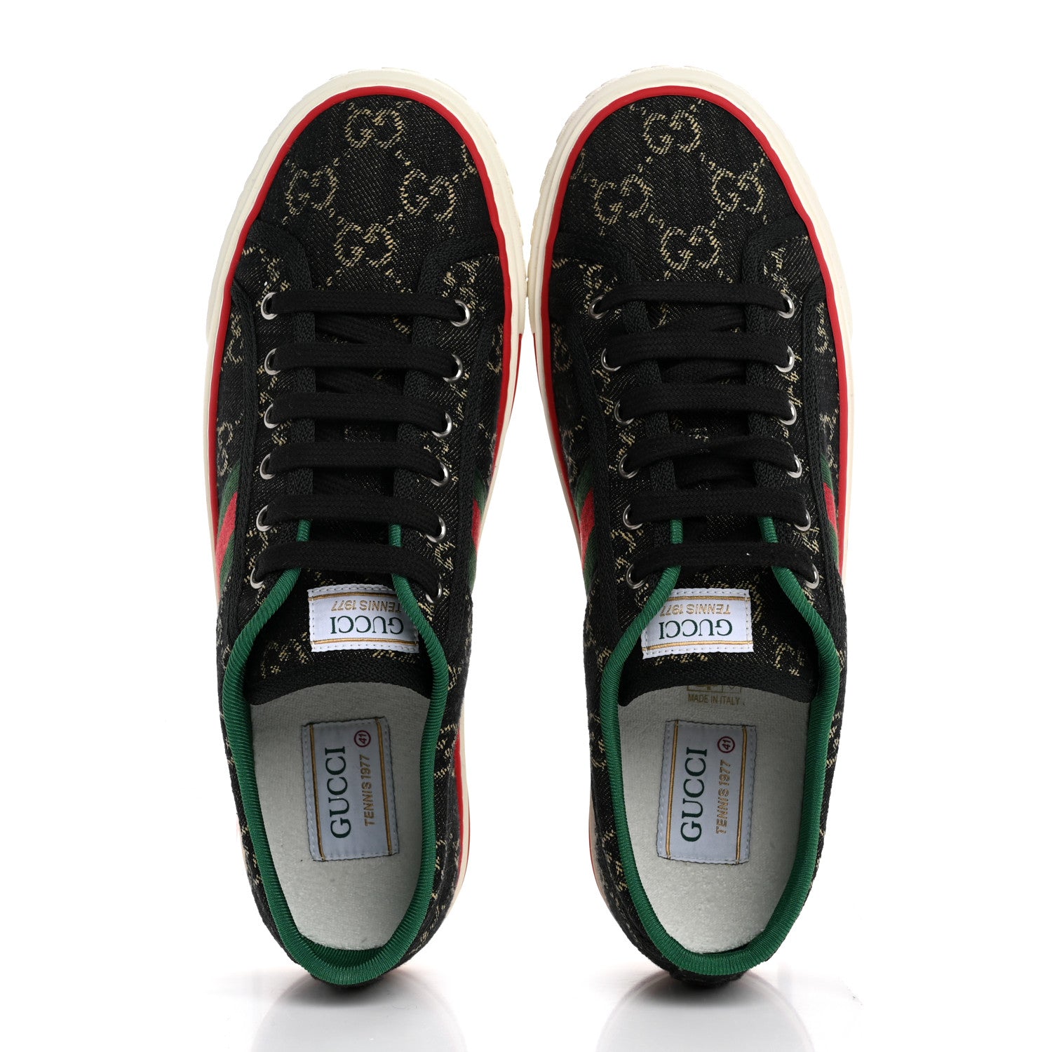 Gucci New Denim GG Monogram Web Womens 1977 Tennis Sneakers 41 Black Ivory 2 of 9