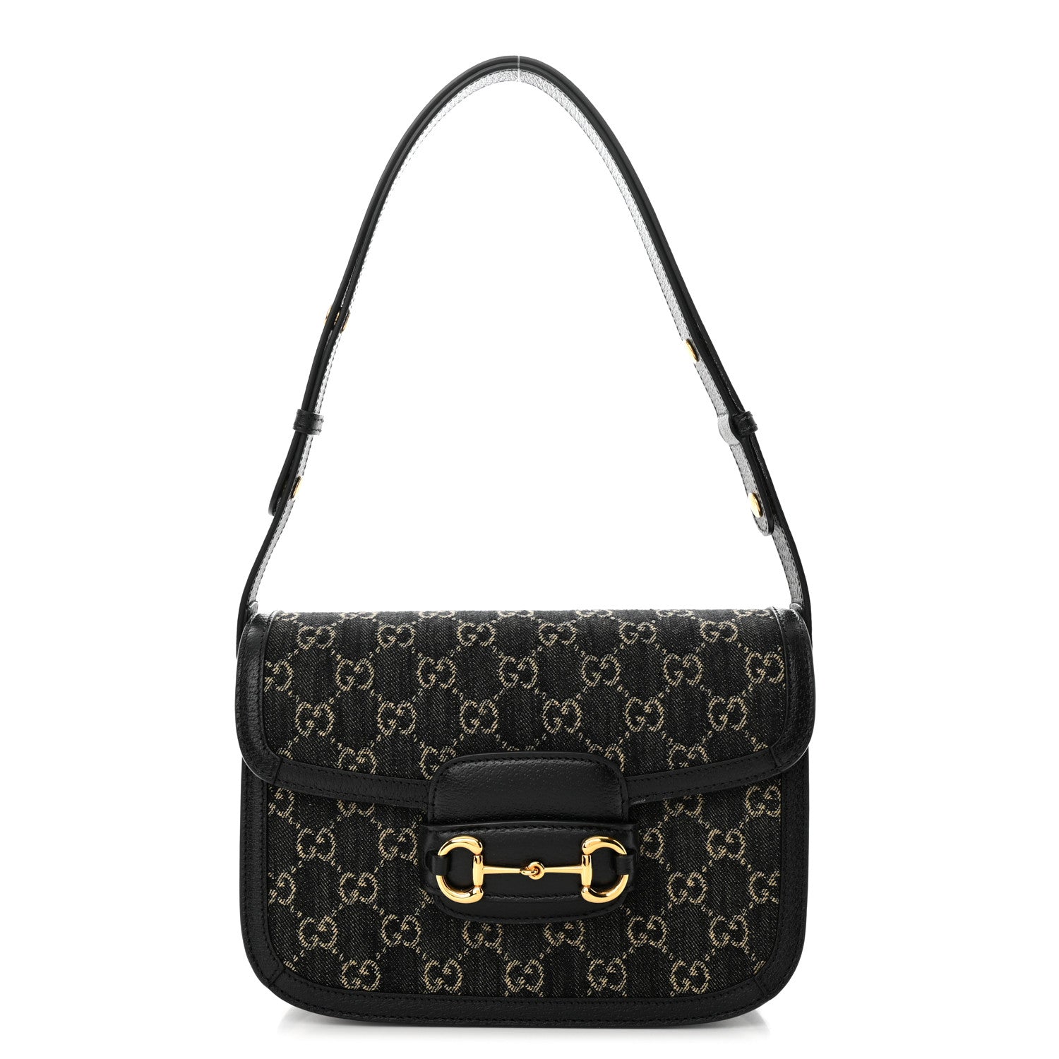 Gucci Jacquard Black Denim GG Monogram Textured Dollar Calfskin Horsebit 1955 Shoulder Bag Black Ivory 1 of 16