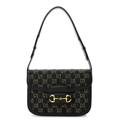 Gucci Jacquard Black Denim GG Monogram Textured Dollar Calfskin Horsebit 1955 Shoulder Bag Black Ivory 1 of 16