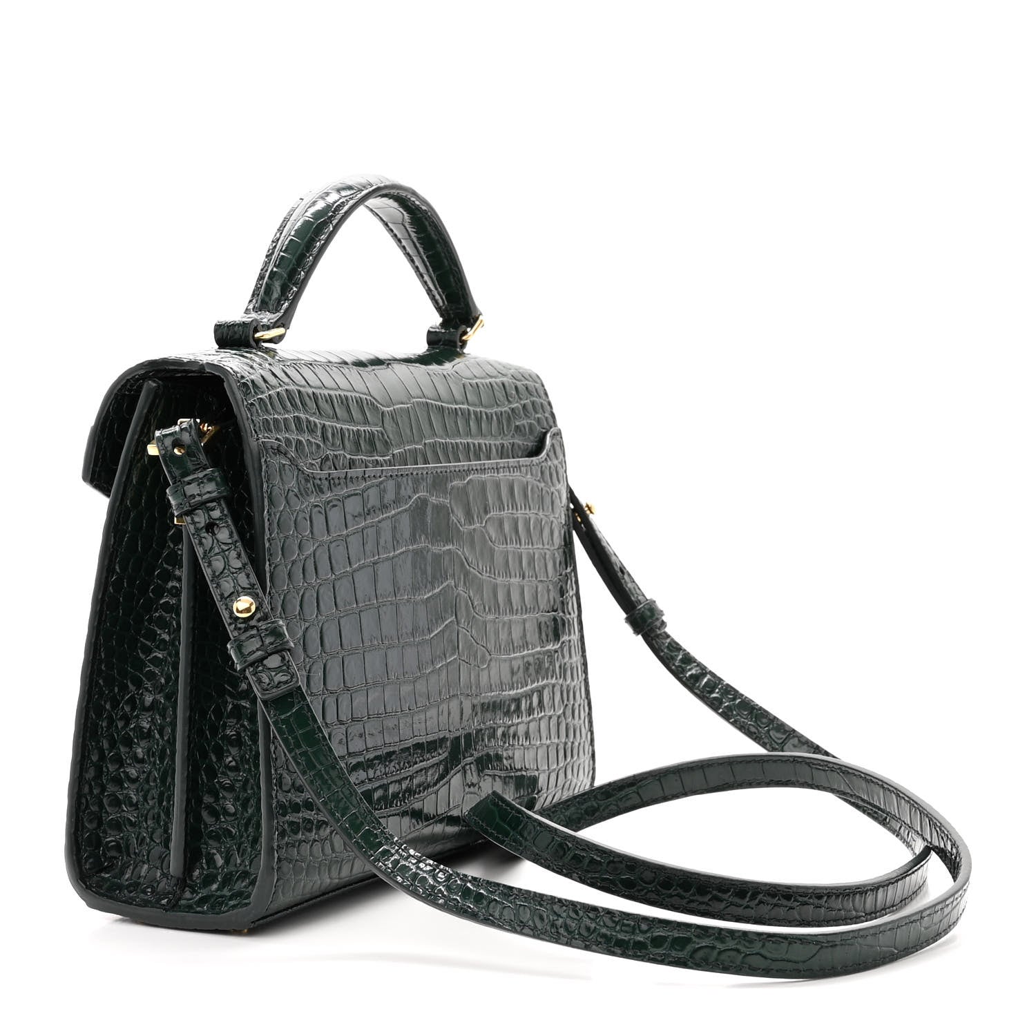 Saint Laurent Calfskin Crocodile Embossed Mini Classic Monogram Cassandra Top Handle Green 3 of 9