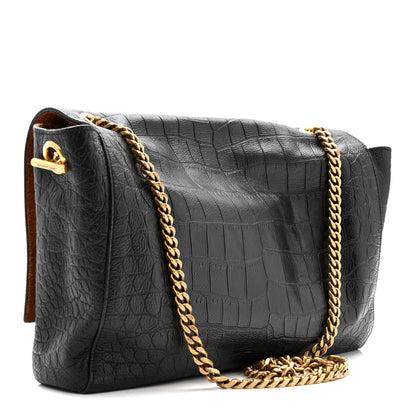 Saint Laurent Calfskin Crocodile Embossed Suede Medium Reversible Monogram Kate Satchel Military Taupe 3 of 12