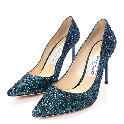 Jimmy Choo Coarse Glitter Degrade Pointy Toe Romy 100 Pumps 37.5 Peacock Navy 4 of 9