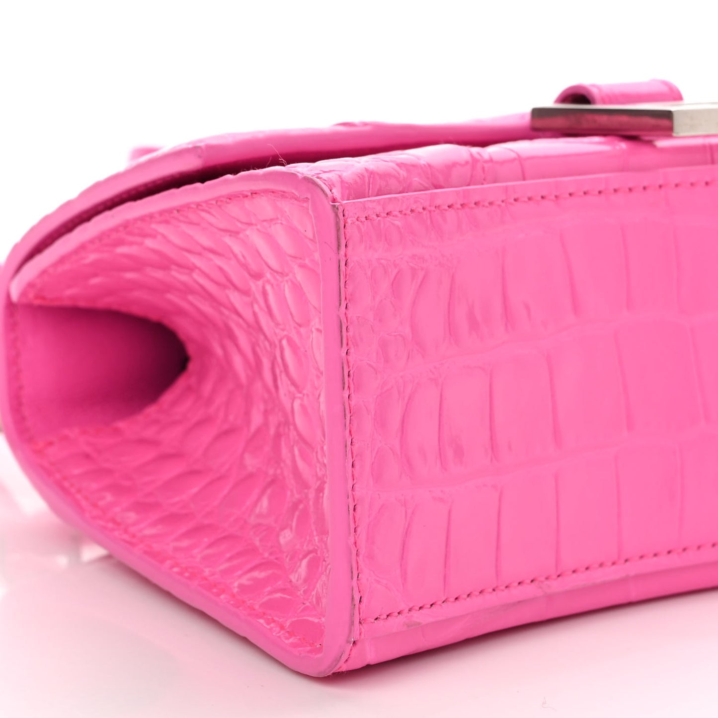 Shiny Calfskin Crocodile Embossed Hourglass Top Handle Bag XS Neon Pink
