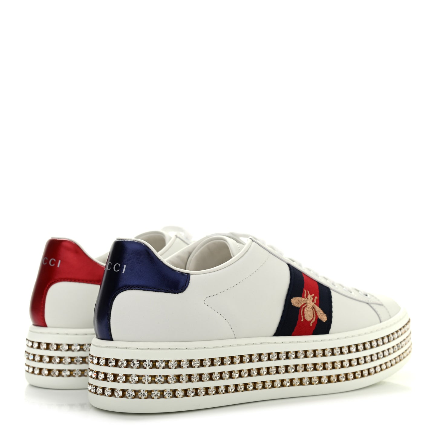Calfskin Crystal Web Bee Embroidered Womens Ace Platform Sneakers 37 White