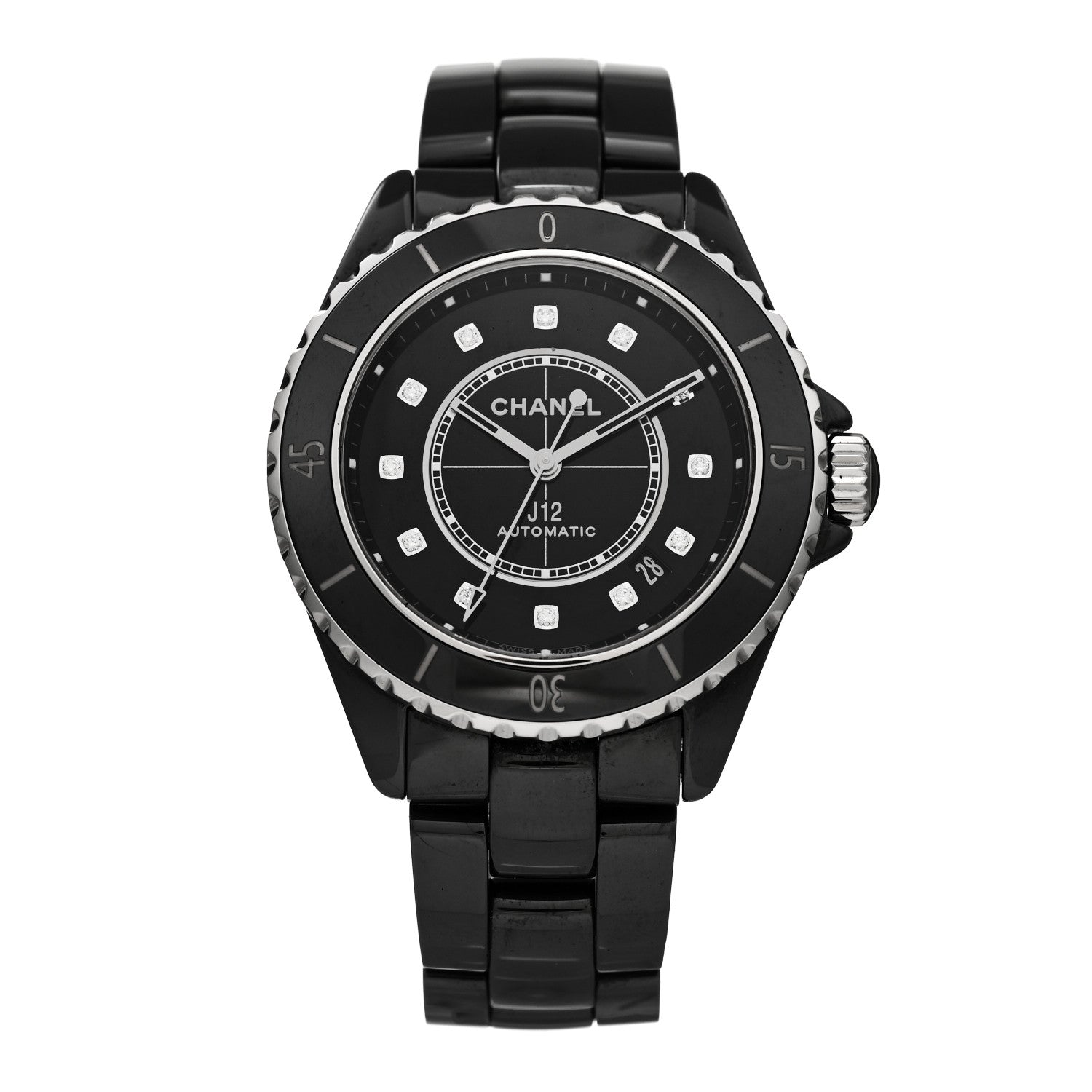 Chanel Stainless Steel Ceramic Diamond 38mm J12 Automatic Watch Black 1 of 5