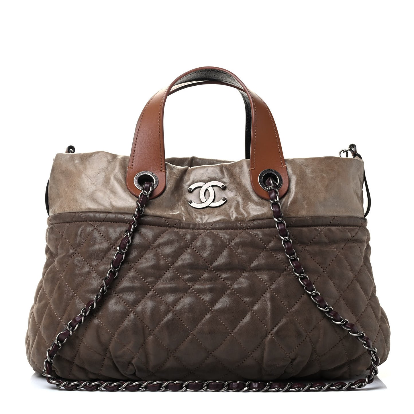 Iridescent Calfskin Quilted Small In The Mix Tote Khaki