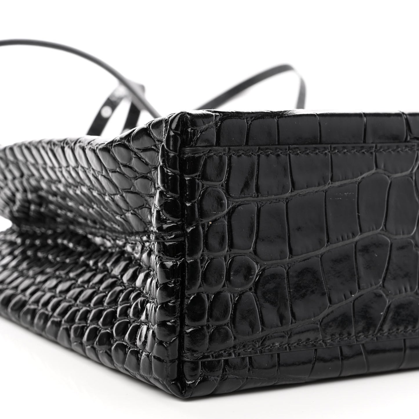 Shiny Calfskin Logo Crocodile Embossed North South Shopper Tote XXS Black White