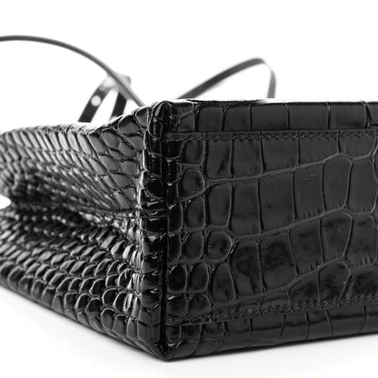 Balenciaga Shiny Calfskin Logo Crocodile Embossed North South Shopper Tote XXS Black White 9 of 10