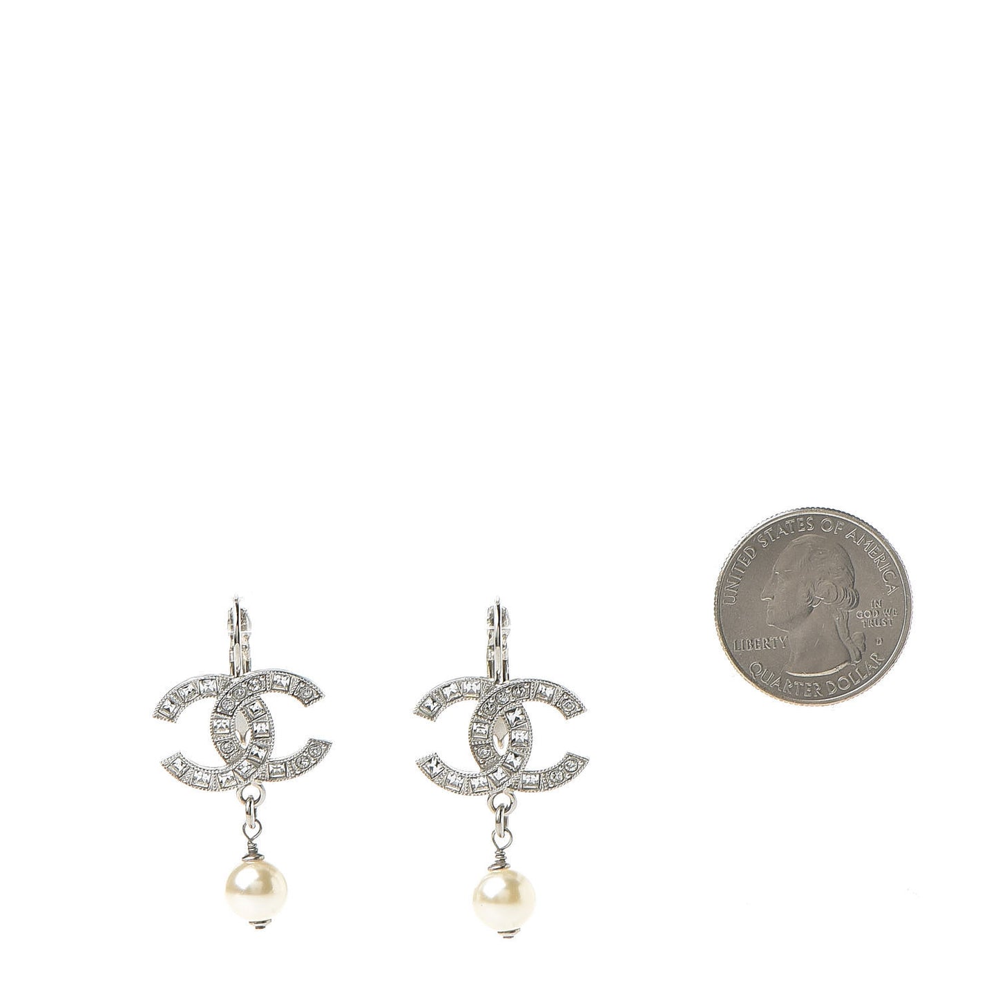 Baguette Crystal Pearl CC Drop Earrings Silver