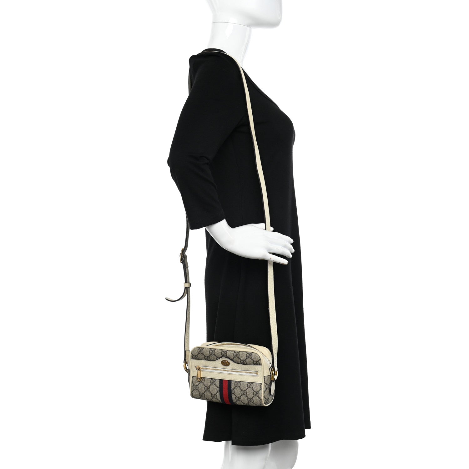 Gucci GG Supreme Monogram Textured Calfskin Web Mini Ophidia Shoulder Bag Beige Ebony Mystic White 2 of 17