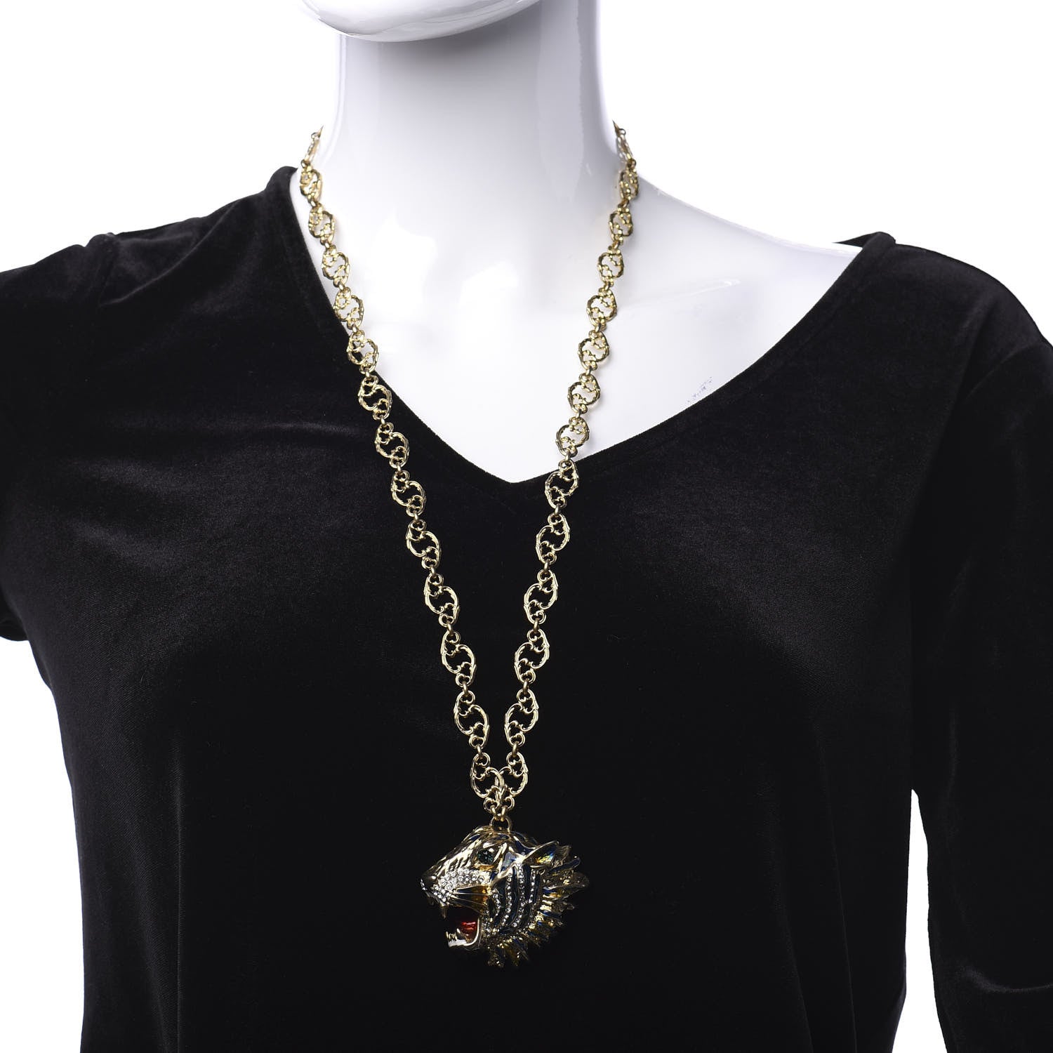 Gucci Metal Enamel Roaring Tiger Pendant Necklace Gold 2 of 6