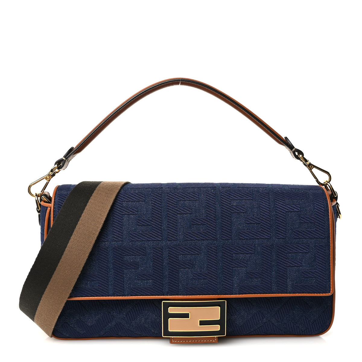 Denim Vitello King FF Embroidered Large Baguette Blue Cuoio