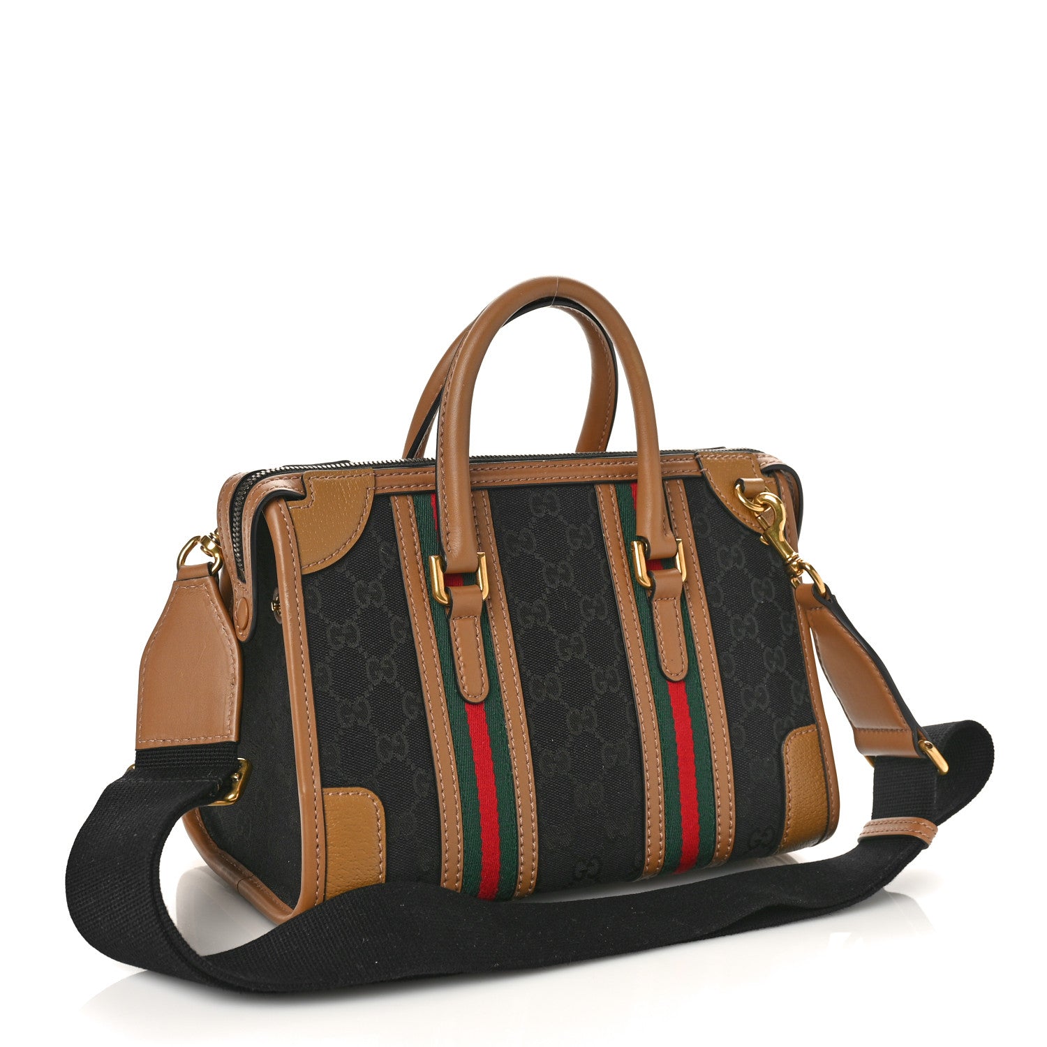 Gucci Monogram Textured Dollar Calfskin Web Small Bauletto Duffle Top Handle Bag Black Koi Beige 3 of 9