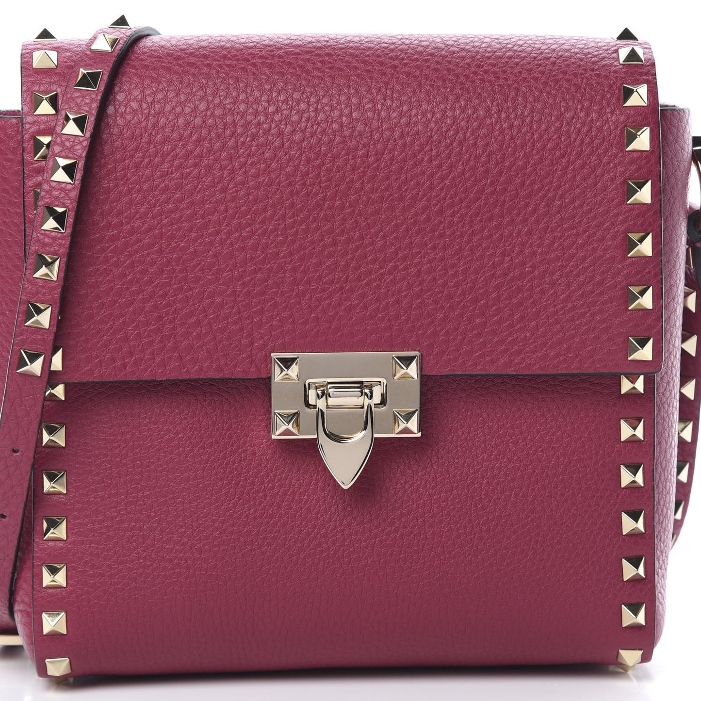Pebbled Calfskin Rockstud Flip Lock Flap Messenger Raspberry
