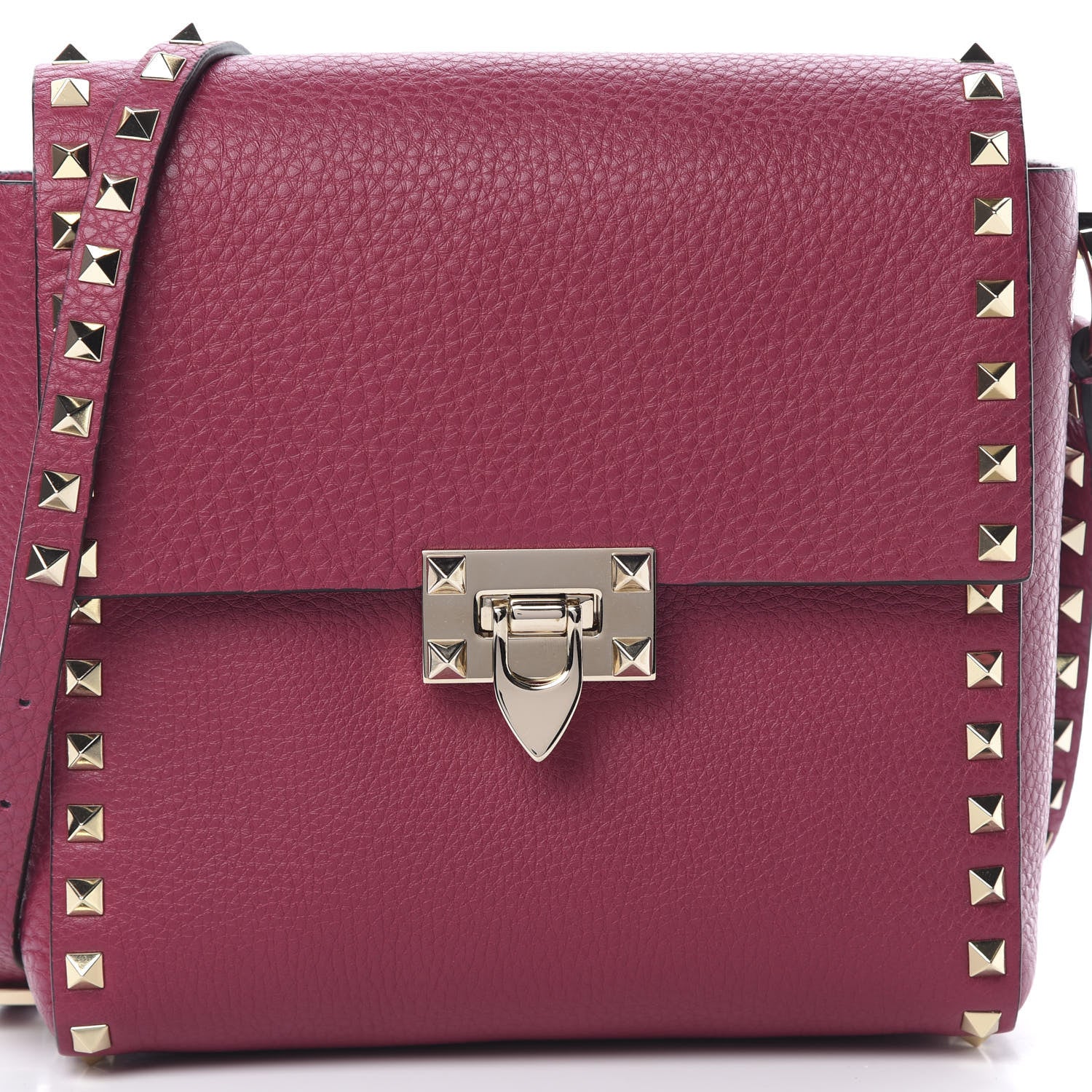 Valentino Garavani Pebbled Calfskin Rockstud Flip Lock Flap Messenger Raspberry 7 of 10