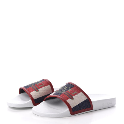 Gucci Canvas Sylvie Stripe Logo Pursuit Slide Sandals 39 Mystic White Hibiscus Red Maritime 2 of 8