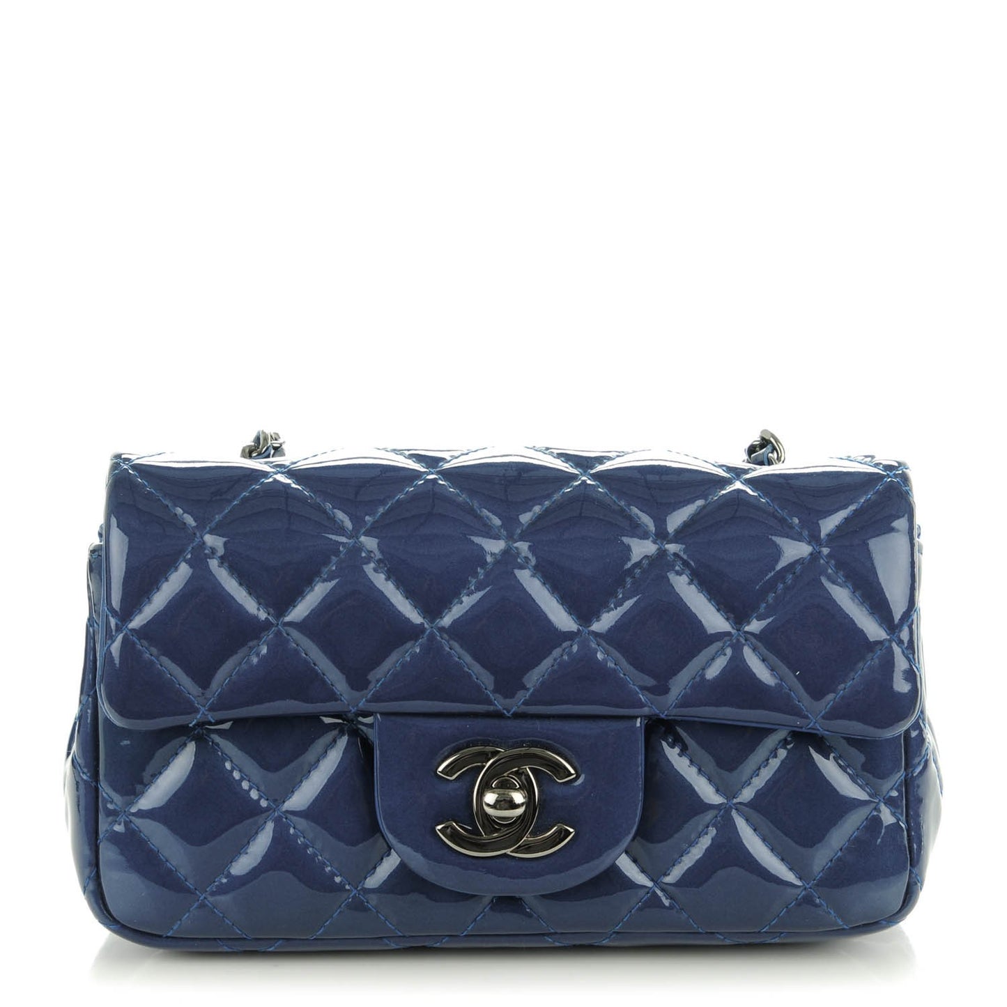 Patent Calfskin Quilted Mini Rectangular Flap Blue