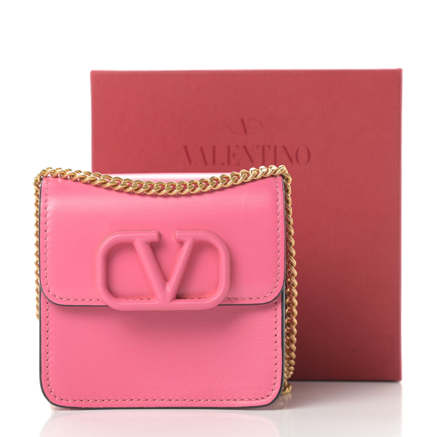 Smooth Calfskin Vlogo Compact Wallet with Chain Feminine Pink