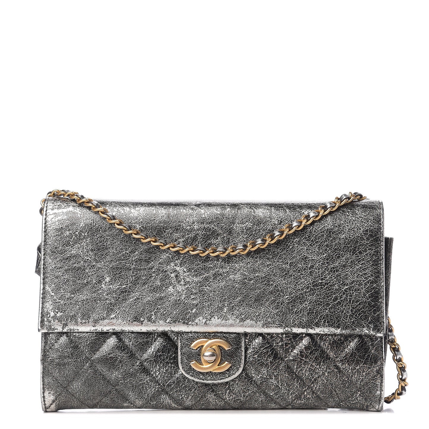 Cracked Metallic Calfskin Quilted Zip Away Chain Clutch Dark Silver