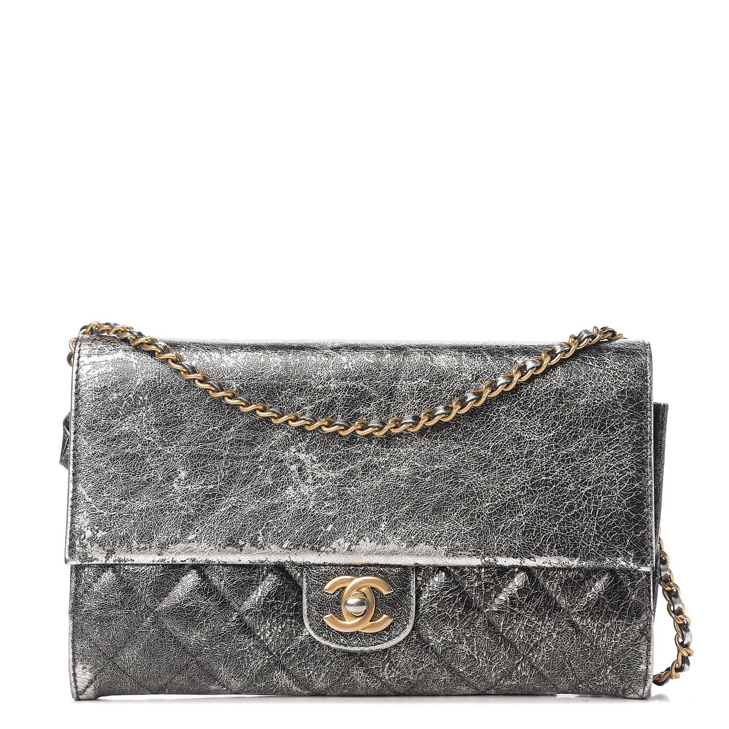 Chanel Cracked Metallic Calfskin Quilted Zip Away Chain Clutch Dark Silver 1 of 9