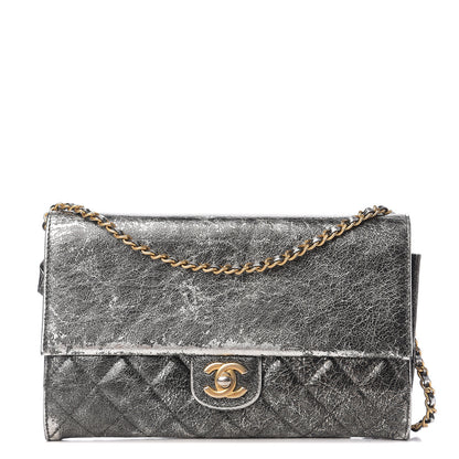 Chanel Cracked Metallic Calfskin Quilted Zip Away Chain Clutch Dark Silver 1 of 9