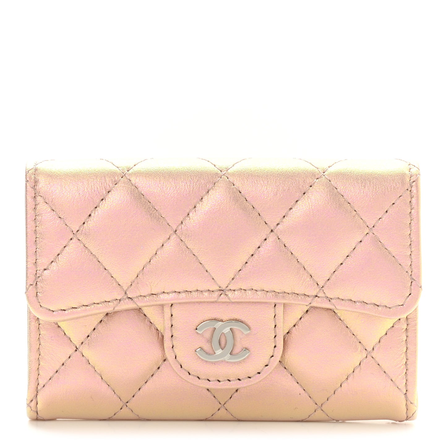 Iridescent Calfskin Quilted Flap Card Holder Wallet Pink