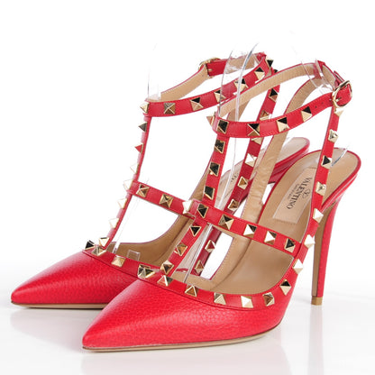 Valentino Garavani Pebbled Calfskin Rockstud Ankle Strap 100mm Pumps 37.5 Rosso Valentino 3 of 7