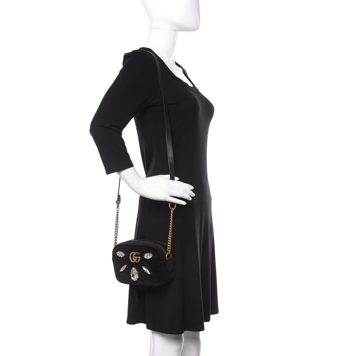 Velvet Matelasse Marquise Crystals Mini GG Marmont Chain Shoulder Bag Black