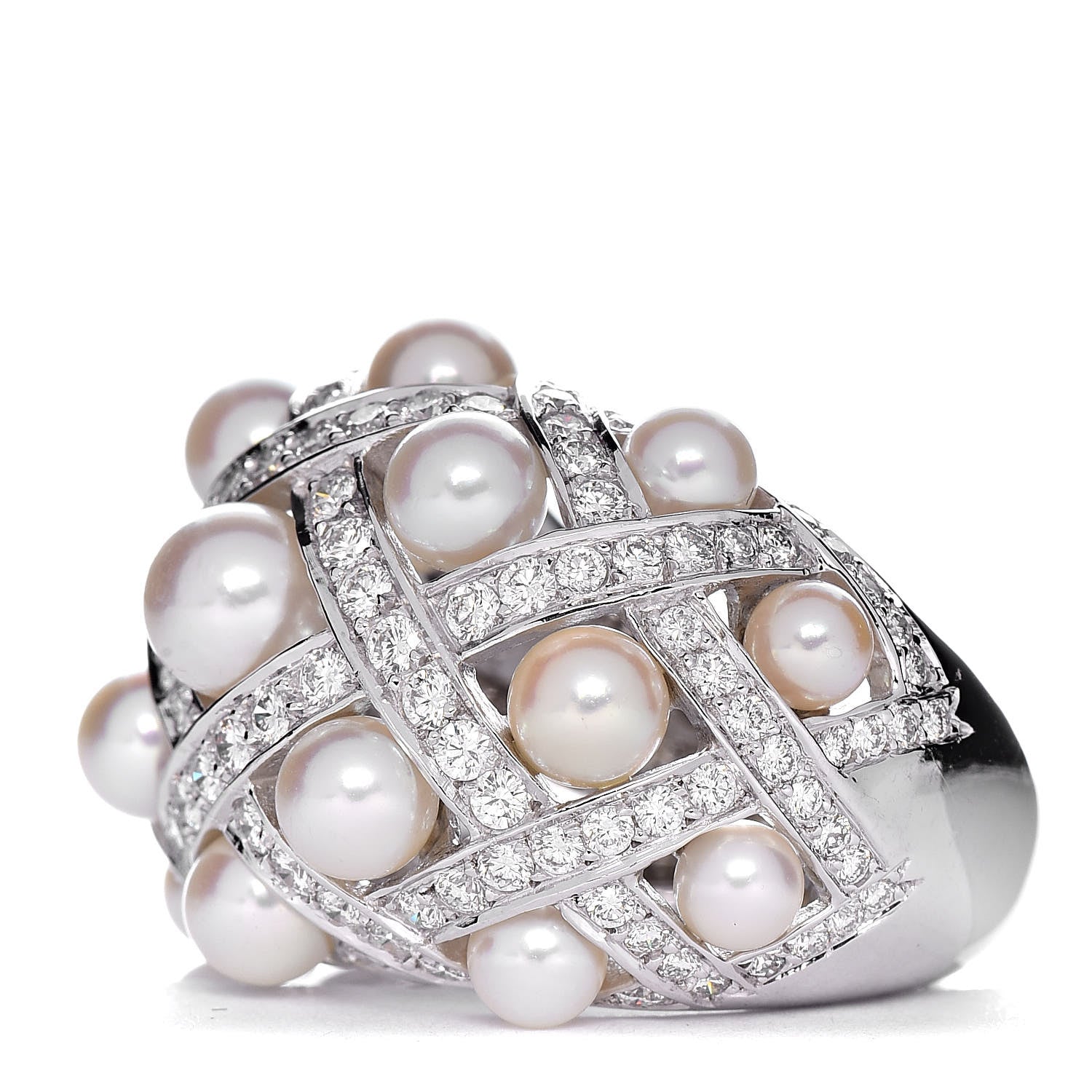 Chanel 18K White Gold Diamond Akoya Pearl Baroque Matelasse Ring 51 5.75 3 of 5