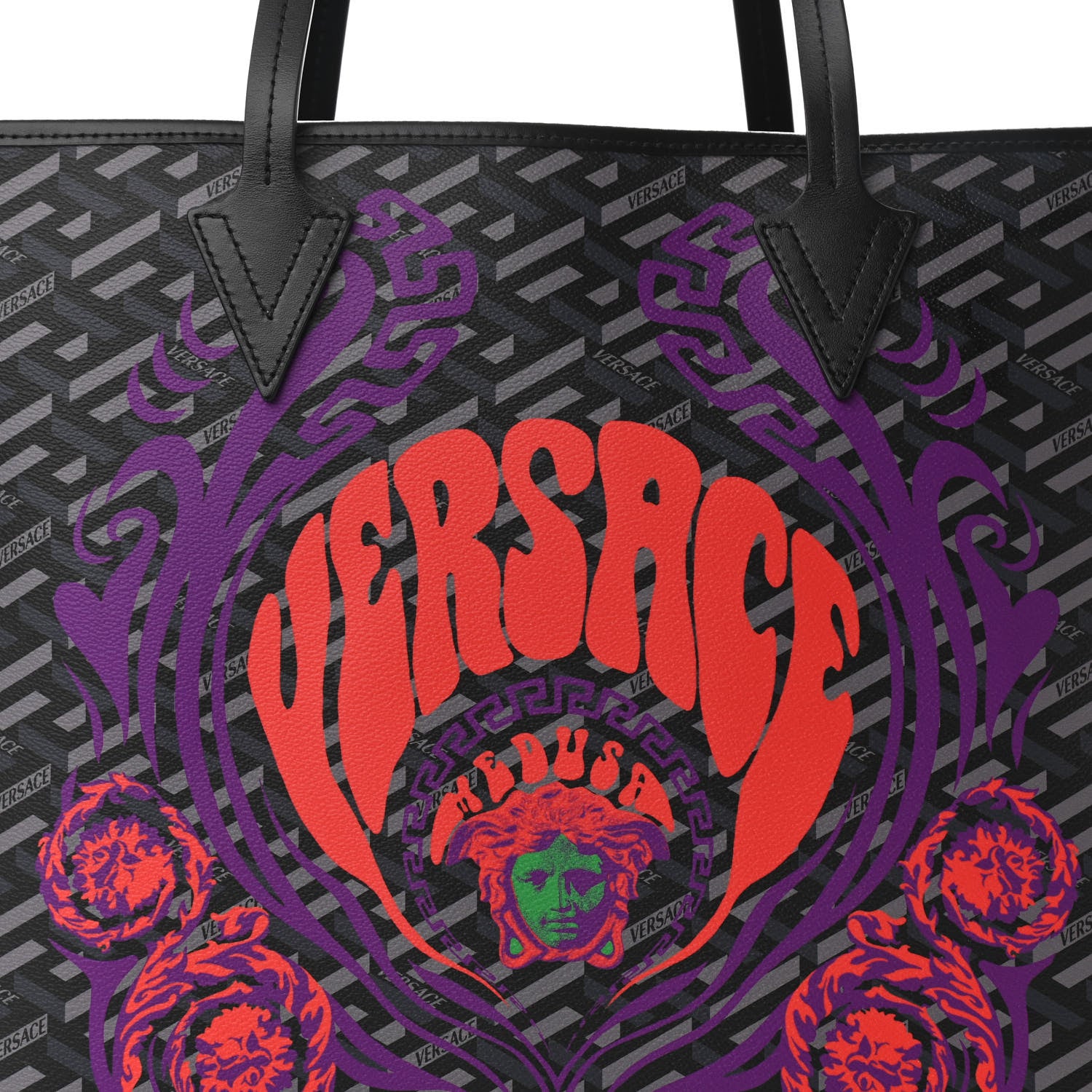 Versace Coated Canvas Calfskin La Greca Medusa Music Signature Shopper Tote Bag Black Grey 7 of 9