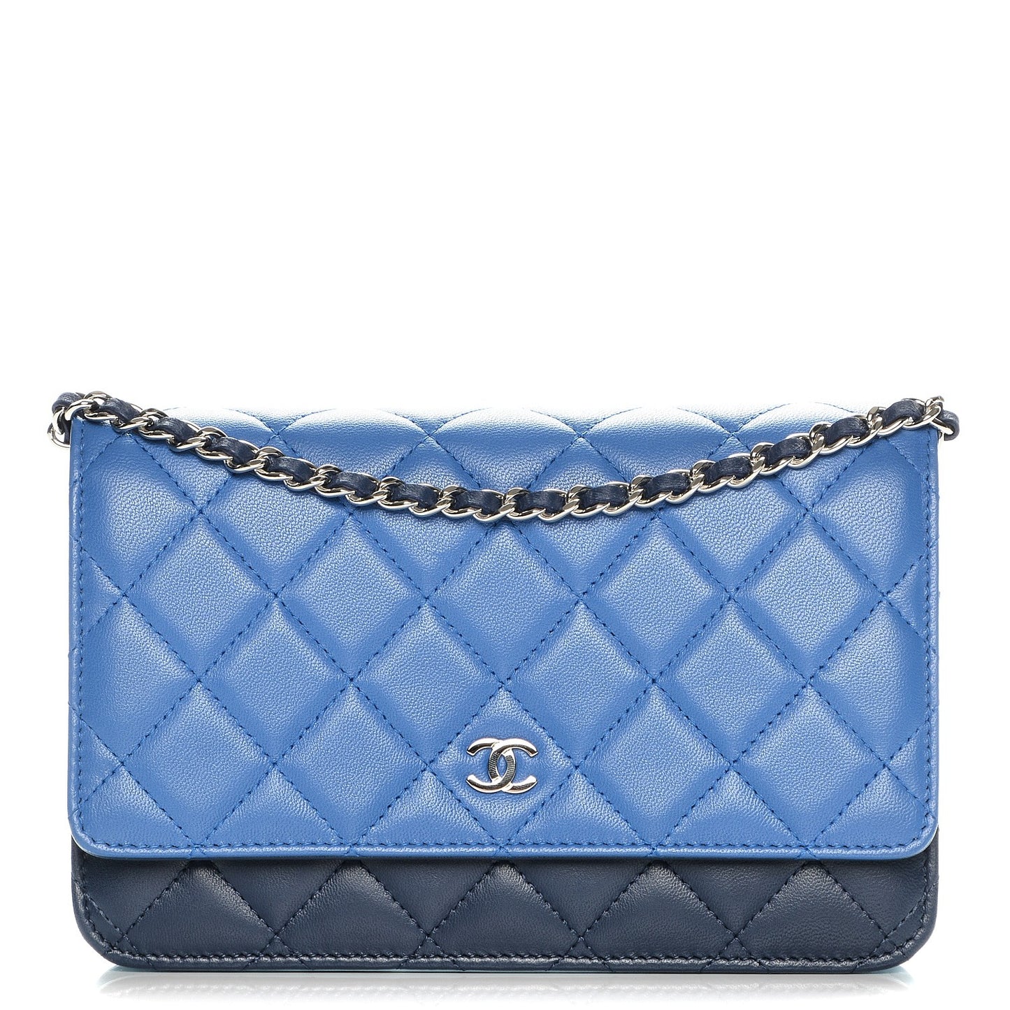 Lambskin Quilted Tri-Color Wallet On Chain WOC Dark Blue
