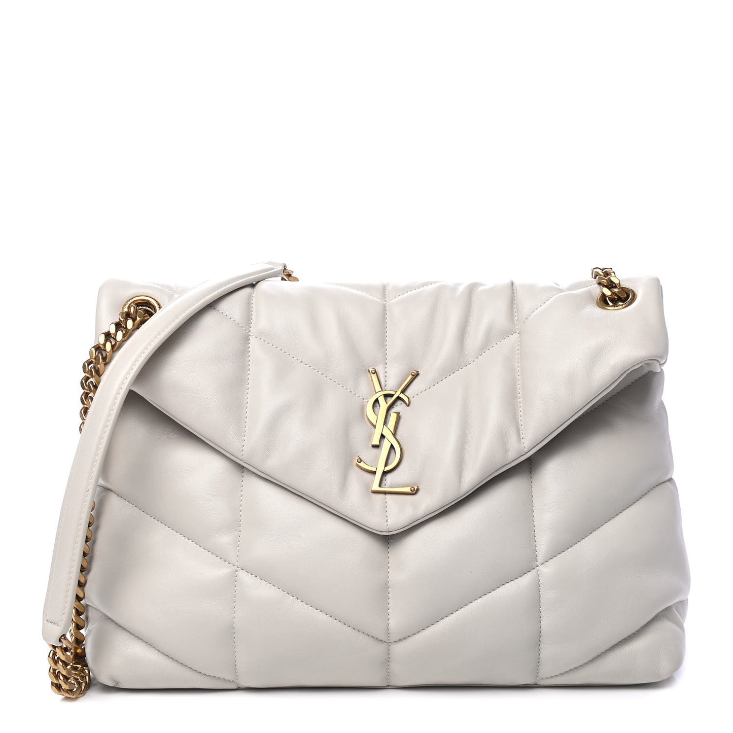 Lambskin Quilted Medium Loulou Puffer Monogram Chain Satchel Blanc Vintage