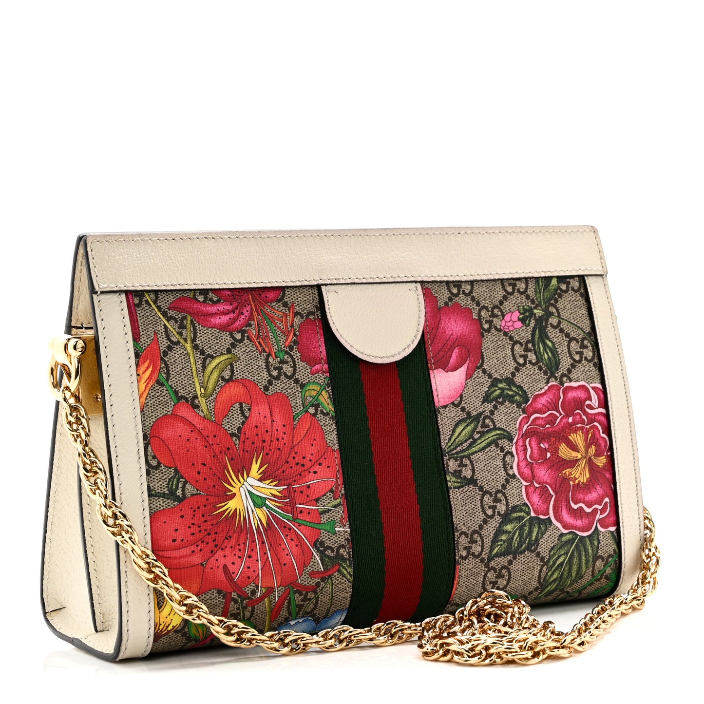 GG Supreme Monogram Flora Web Small Ophidia Chain Shoulder Bag White
