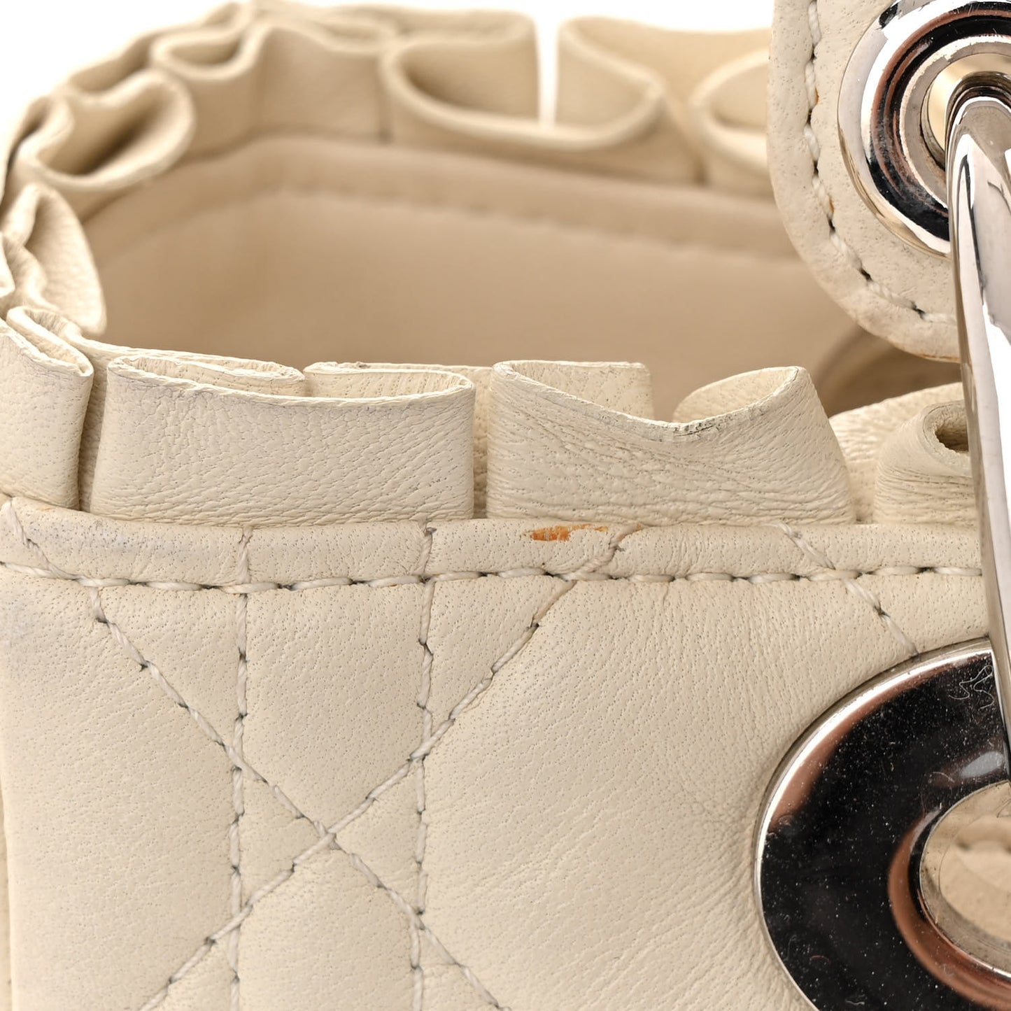 Lambskin Cannage Ruffle Trim Medium Lady Dior Off White