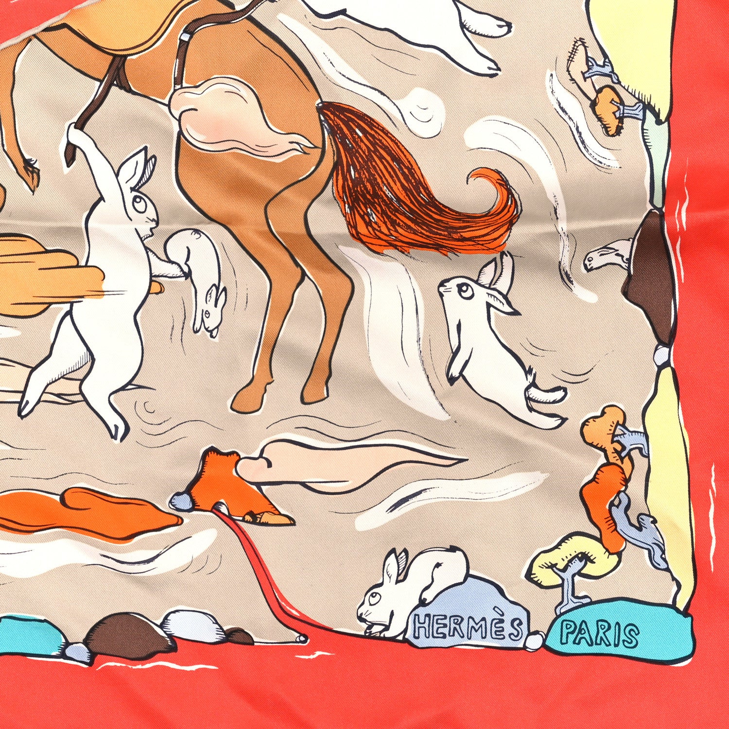 Hermes Silk Twill Mille Et Un Lapins Scarf 90 Rouge Grenadine Gris Perle Turquoise 2 of 3
