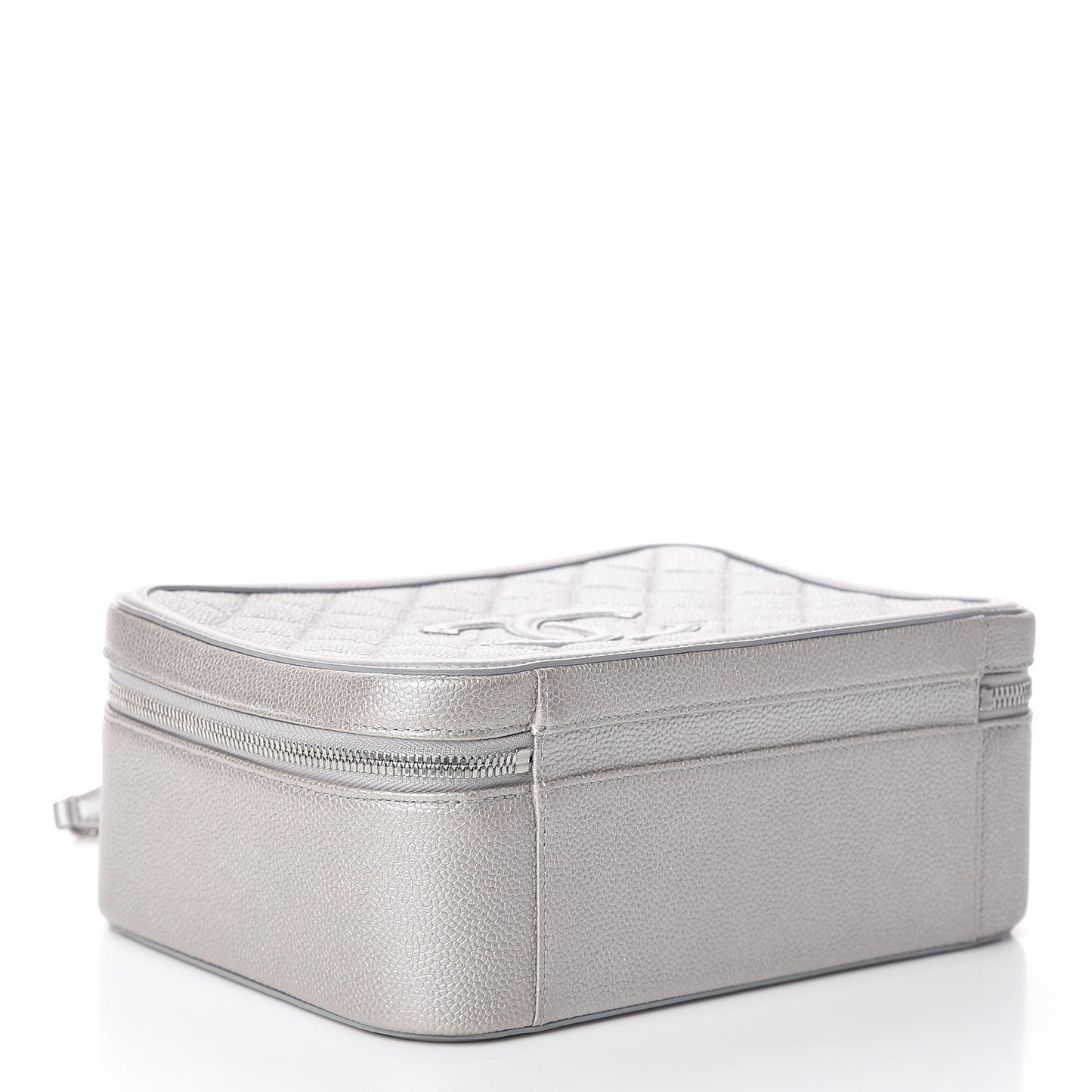Metallic Caviar Quilted Large CC Filigree Vanity Case Silver