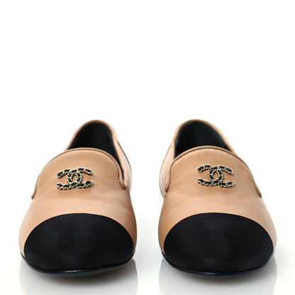 Chanel Lambskin Grosgrain Cap Toe CC Moccasin Loafers 35 Beige Black 2 of 10