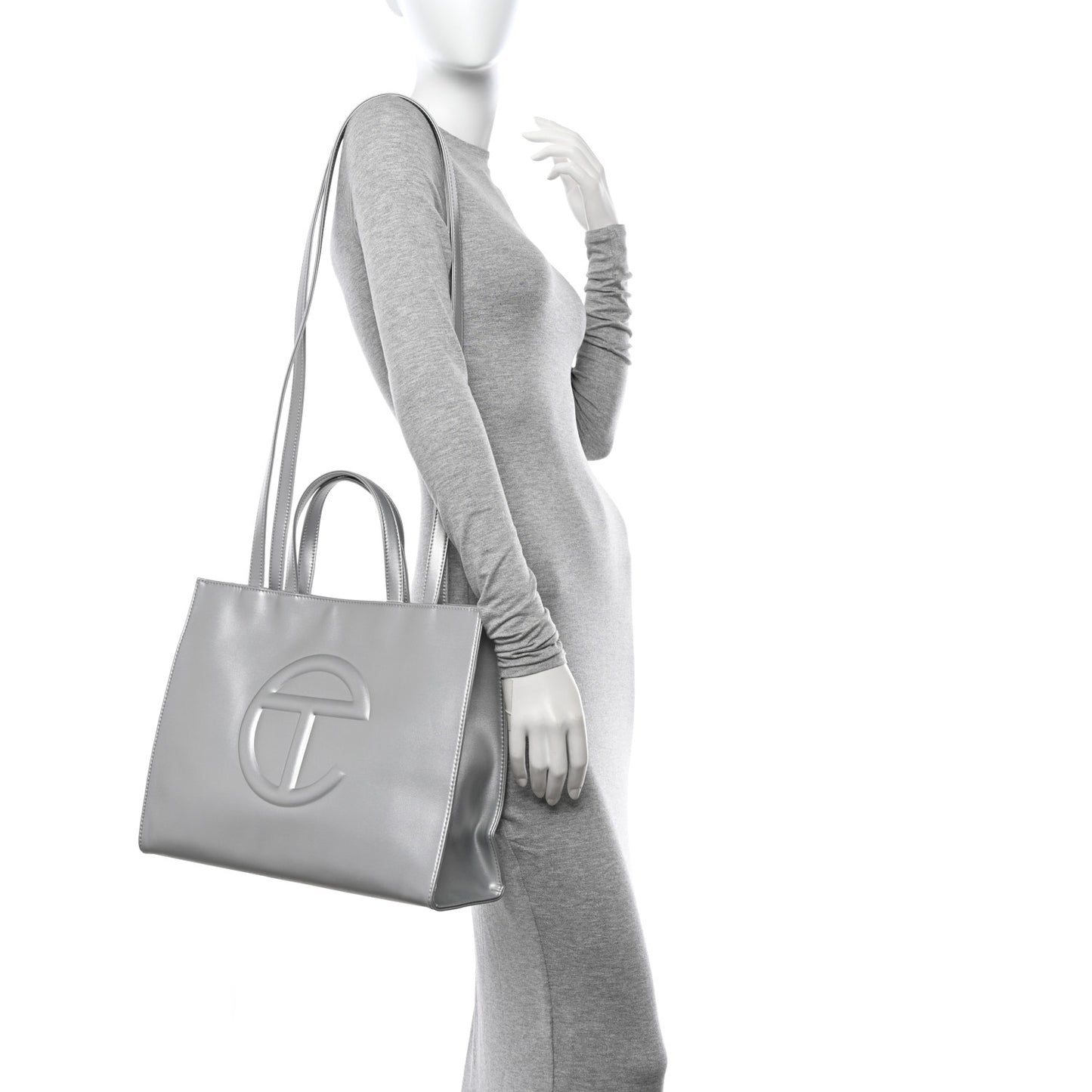 Metallic Vegan Leather Medium Shopping Bag Silver