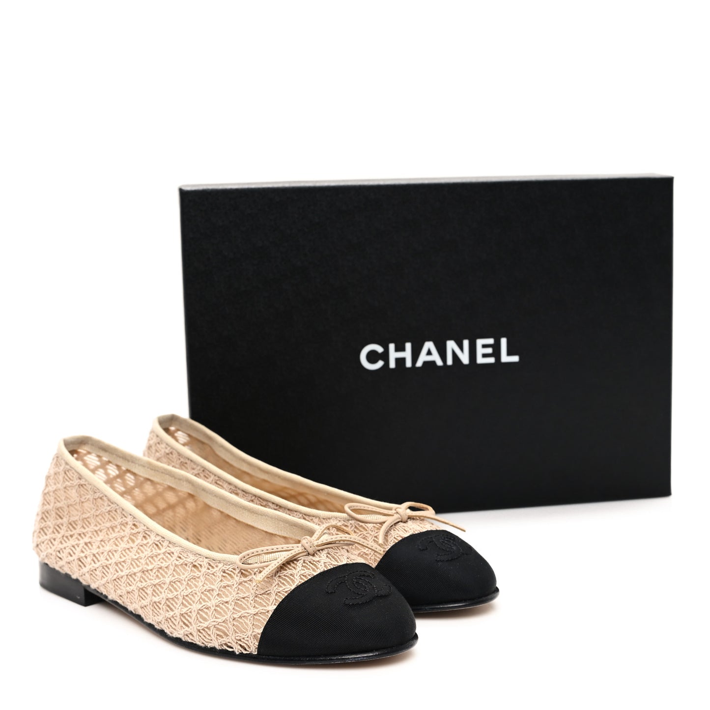 Mesh Crochet Grosgrain Cap Toe Ballerina Flats 38 Beige Black