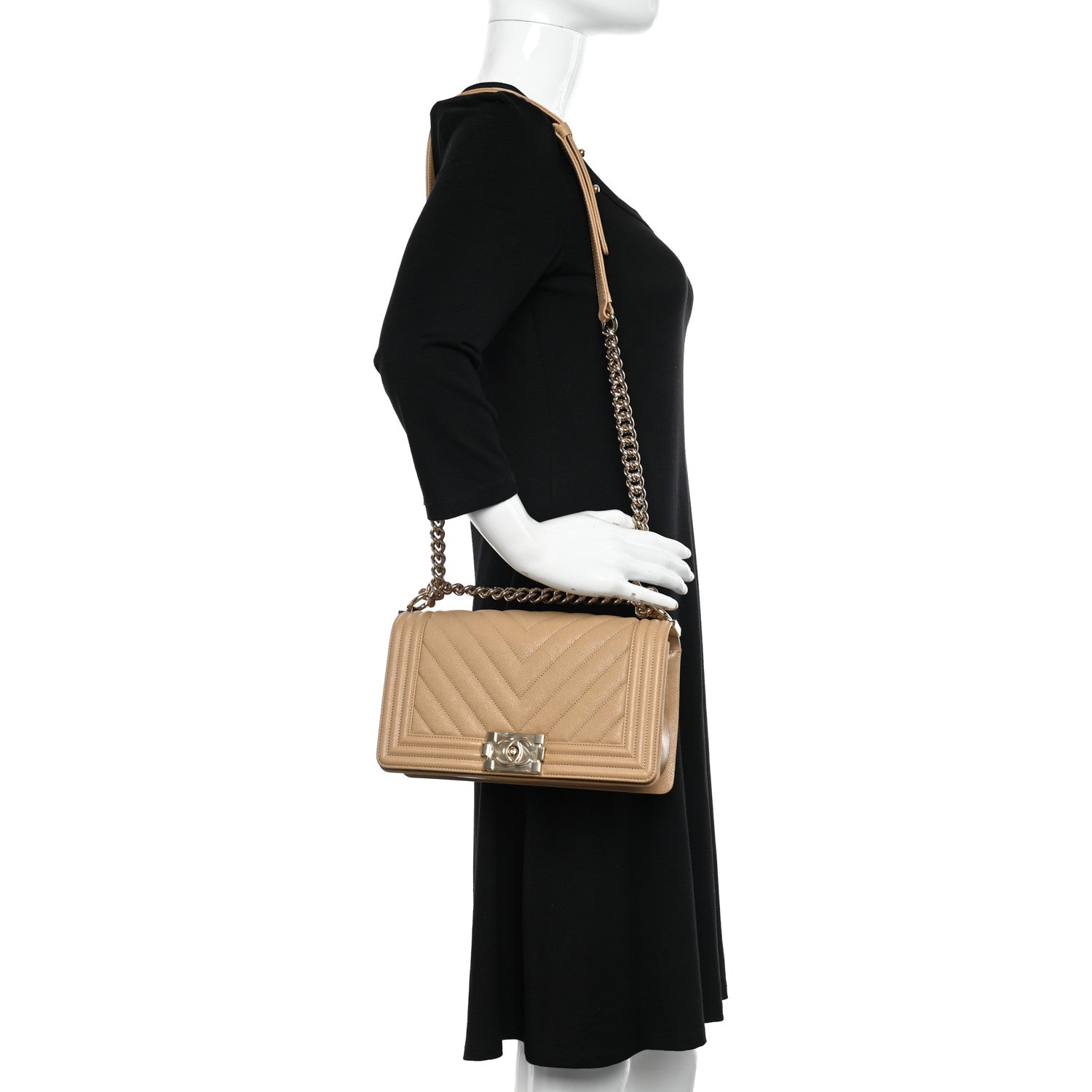 Chanel Caviar Chevron Quilted Medium Boy Flap Beige 2 of 10