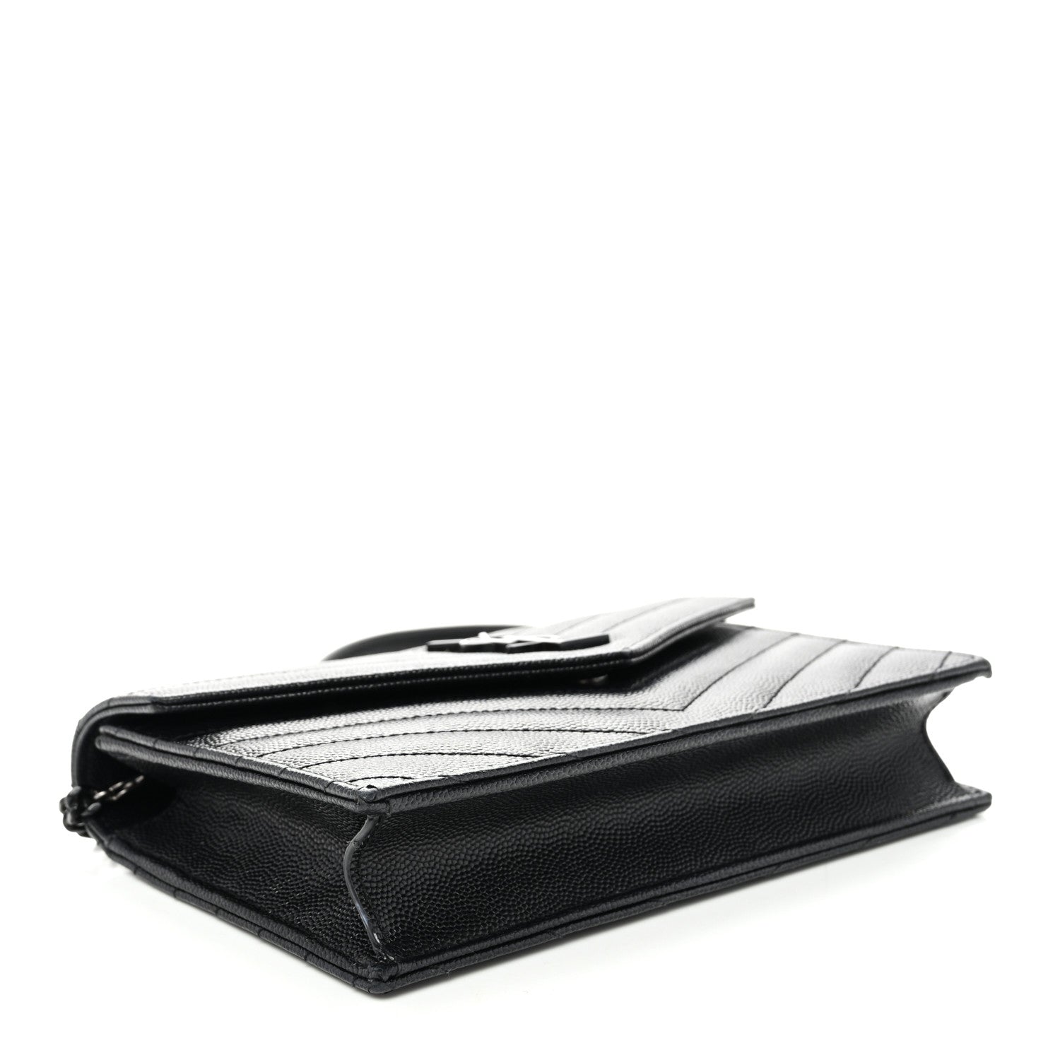 Saint Laurent Grain De Poudre Matelasse Chevron Monogram Monochrome Envelope Chain Wallet Black 4 of 9