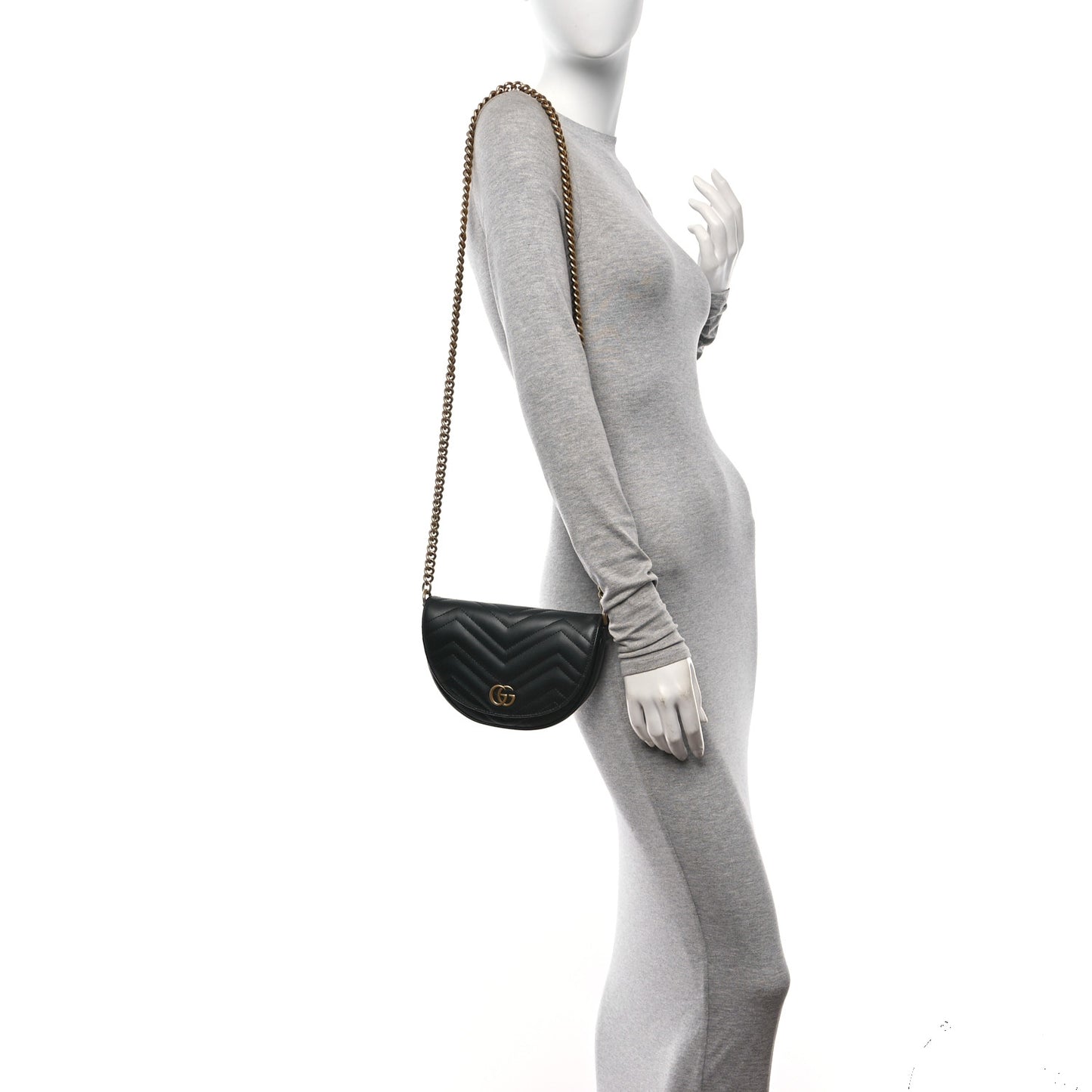 Calfskin Matelasse Mini GG Marmont Chain Half Moon Crossbody Bag Black