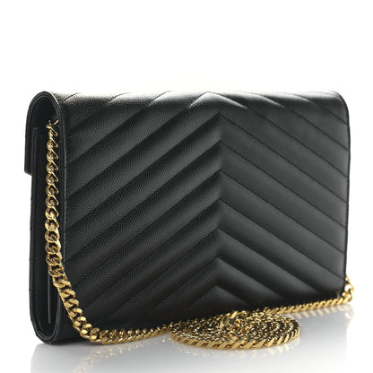 Saint Laurent Grain De Poudre Matelasse Chevron Monogram Envelope Chain Wallet Black 3 of 9