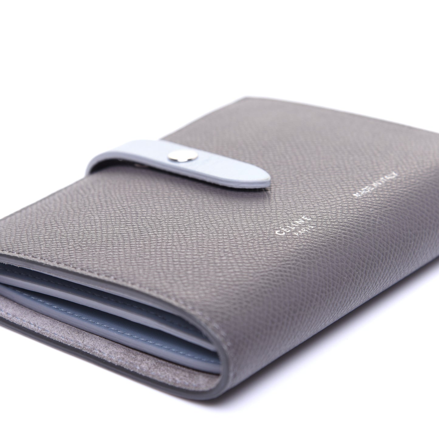 Grained Calfskin Medium Multifunction Strap Wallet Grey Blue