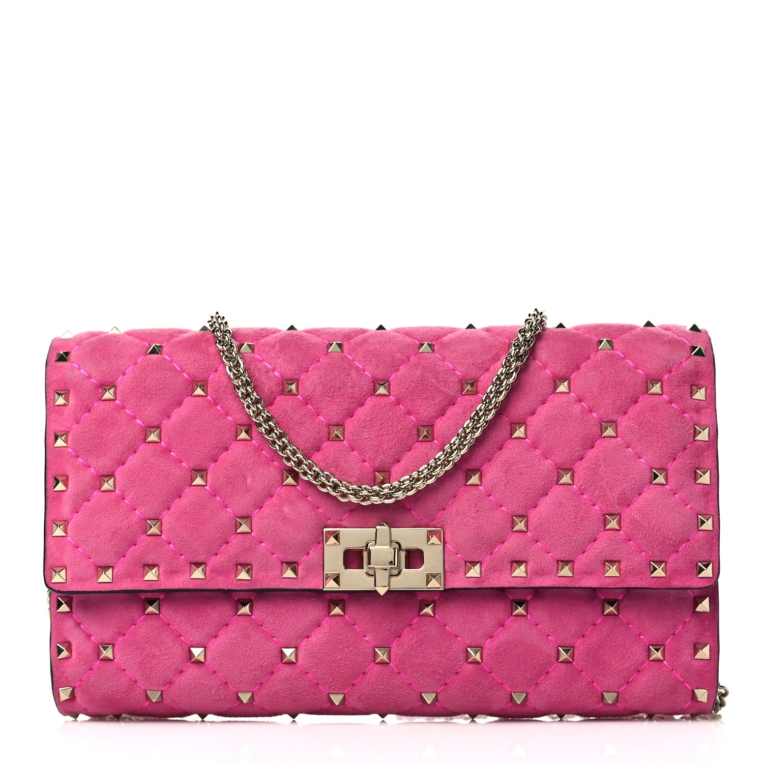 Valentino Garavani Suede Rockstud Spike Wallet on Chain Bright Fuxia 1 of 6