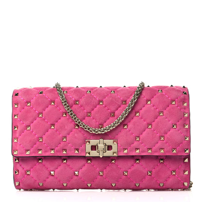 Valentino Garavani Suede Rockstud Spike Wallet on Chain Bright Fuxia 1 of 6