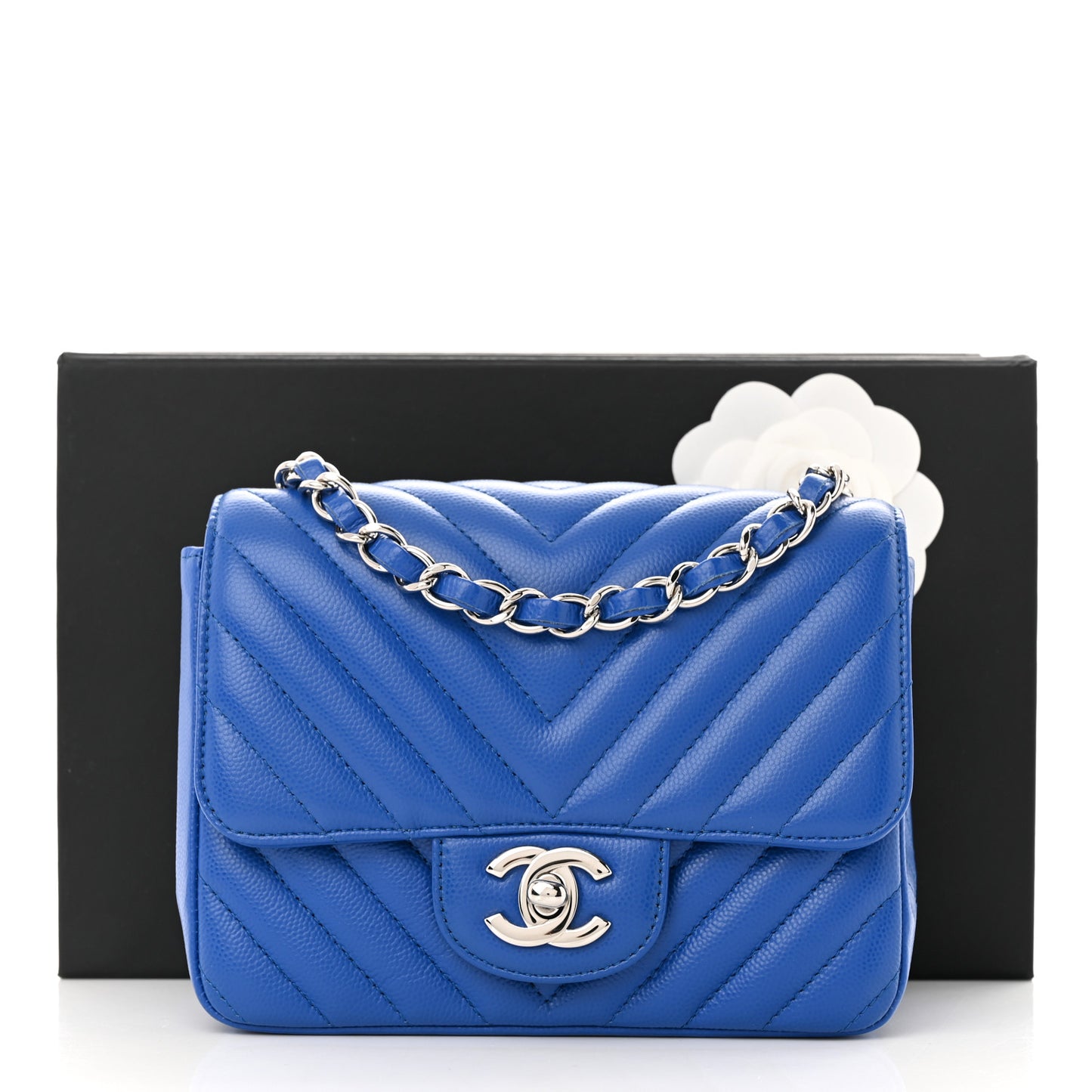 Caviar Chevron Quilted Mini Square Flap Blue