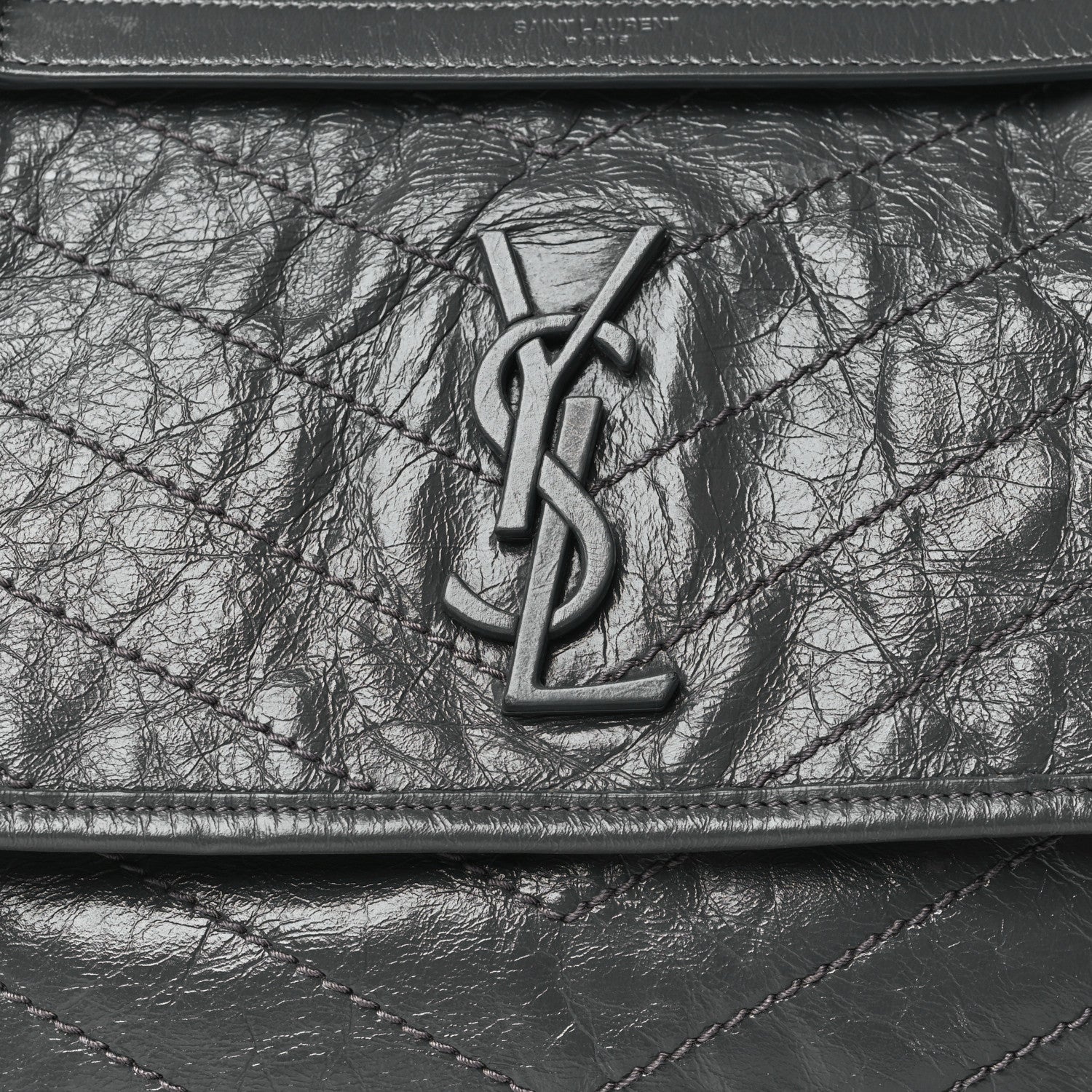 Saint Laurent Crinkled Calfskin Matelasse Monogram Medium Niki Chain Satchel Storm 3 of 10