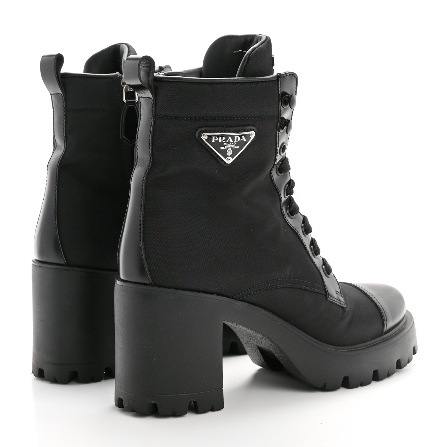 Prada Spazzolato Re-Nylon Metal Triangle Logo Lace Up 55mm Ankle Boots 38.5 Black 4 of 11